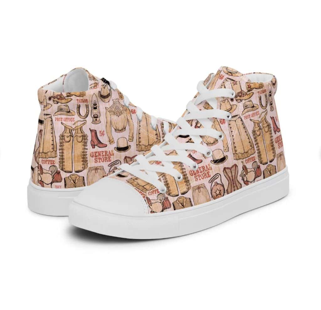 Fun high top sneakers printed with Old West General Store. 